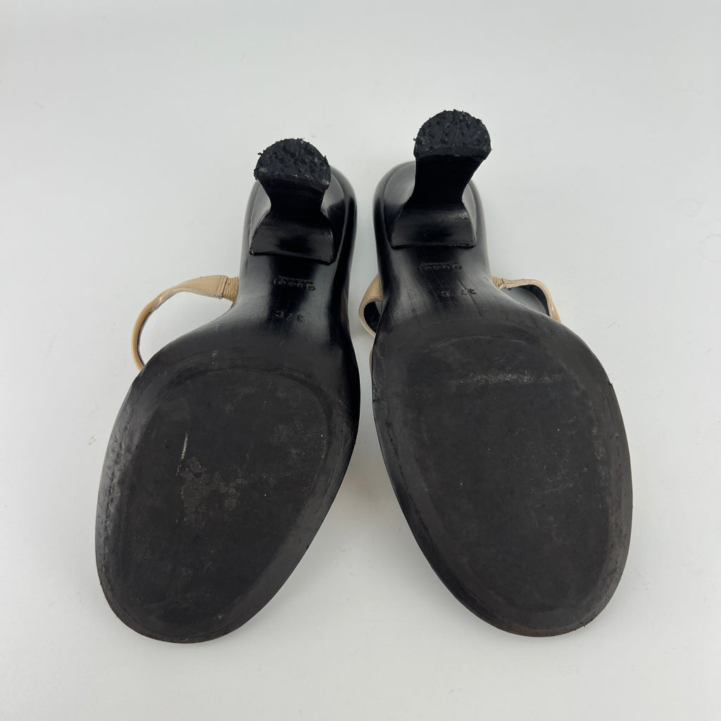 Gucci | Vintage Tan Leather Embossed Insole Strappy Slide Mule (37)