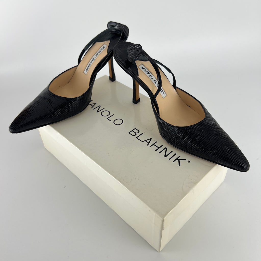Manolo Blahnik | Vintage Canthimod Black Lizard Leather Pointed Toe Slingback Heels (37.5)