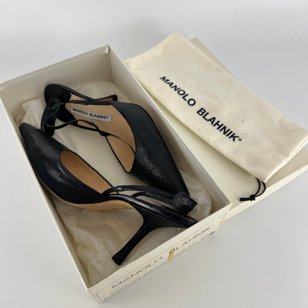 Manolo Blahnik | Vintage Canthimod Black Lizard Leather Pointed Toe Slingback Heels (37.5)