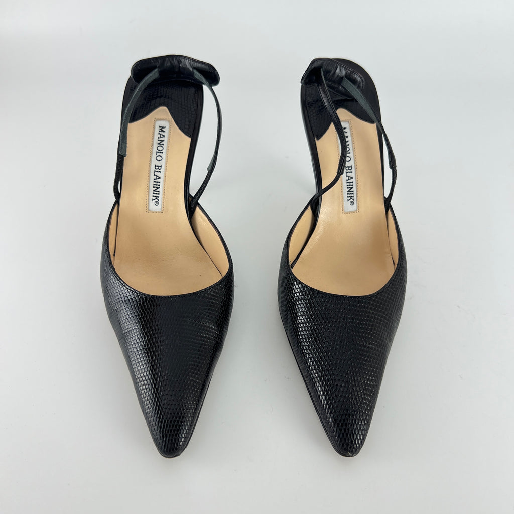 Manolo Blahnik | Vintage Canthimod Black Lizard Leather Pointed Toe Slingback Heels (37.5)