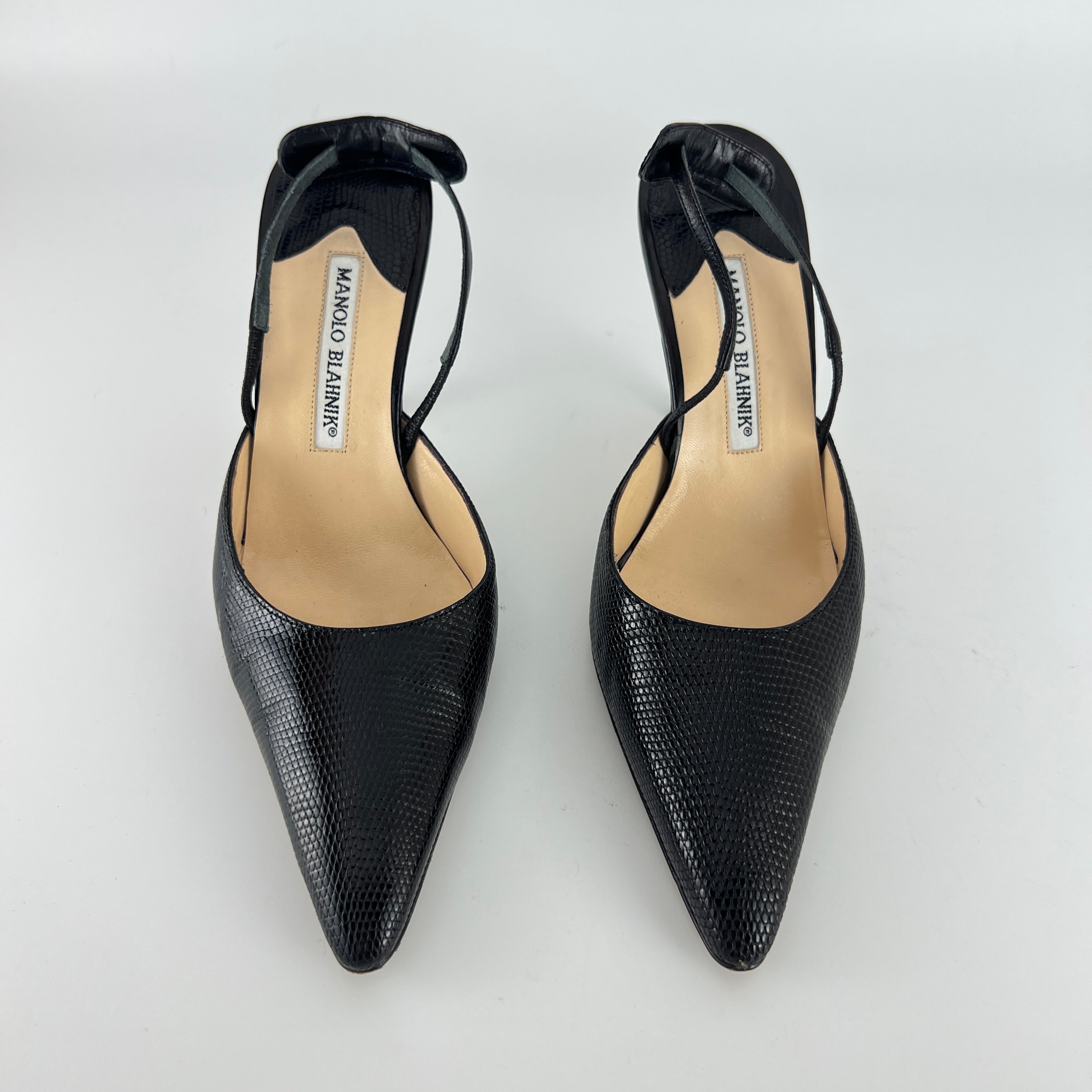 Manolo Blahnik | Vintage Canthimod Black Lizard Leather Pointed Toe Slingback Heels (37.5)