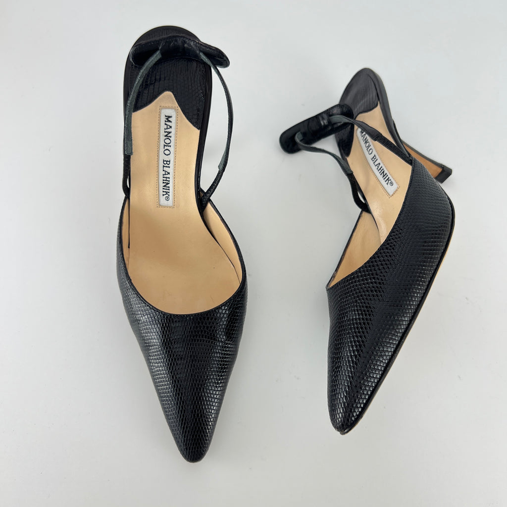 Manolo Blahnik | Vintage Canthimod Black Lizard Leather Pointed Toe Slingback Heels (37.5)