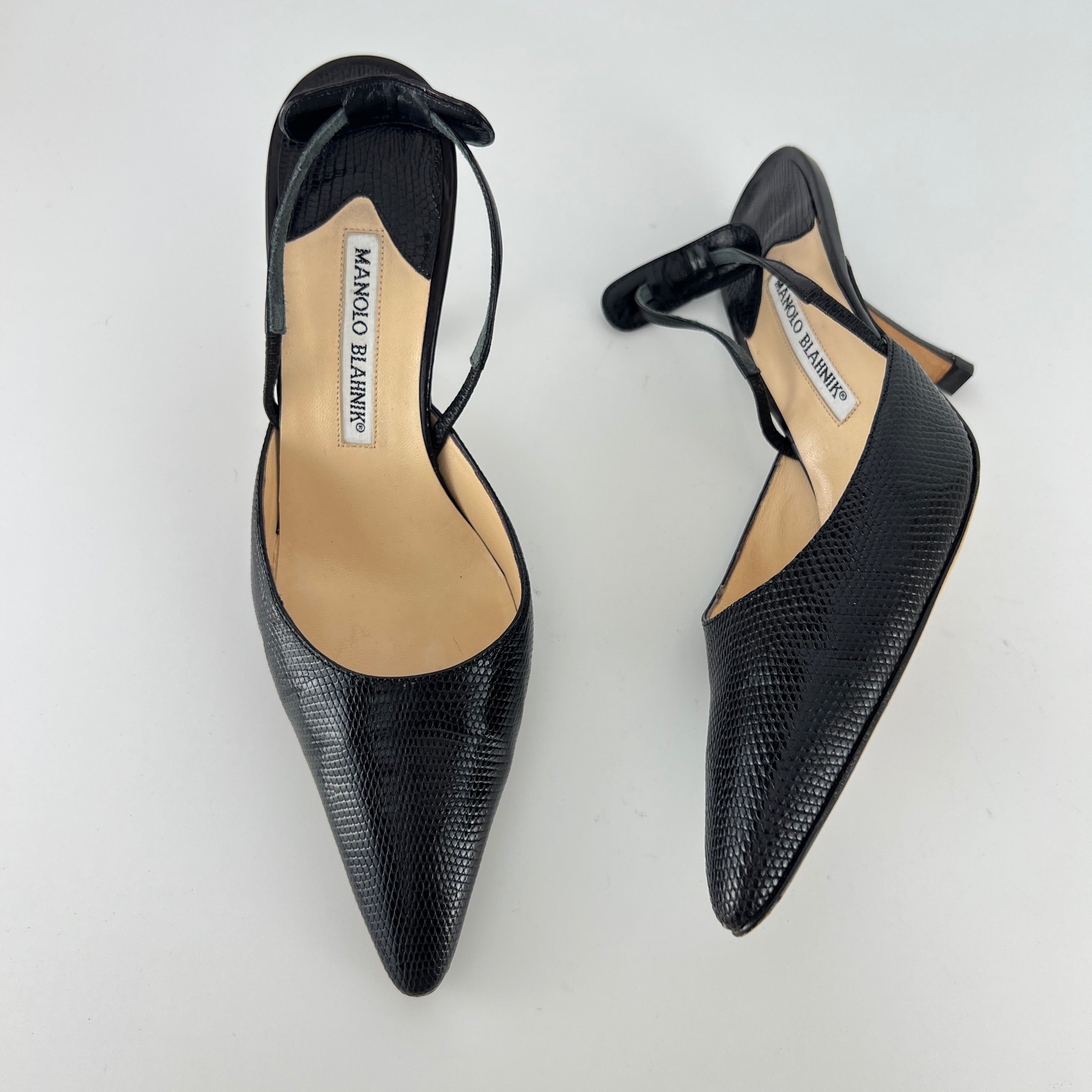 Manolo Blahnik | Vintage Canthimod Black Lizard Leather Pointed Toe Slingback Heels (37.5)