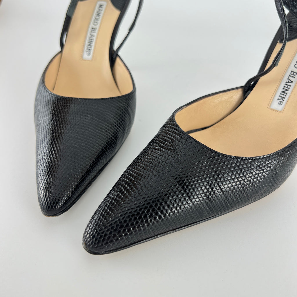 Manolo Blahnik | Vintage Canthimod Black Lizard Leather Pointed Toe Slingback Heels (37.5)