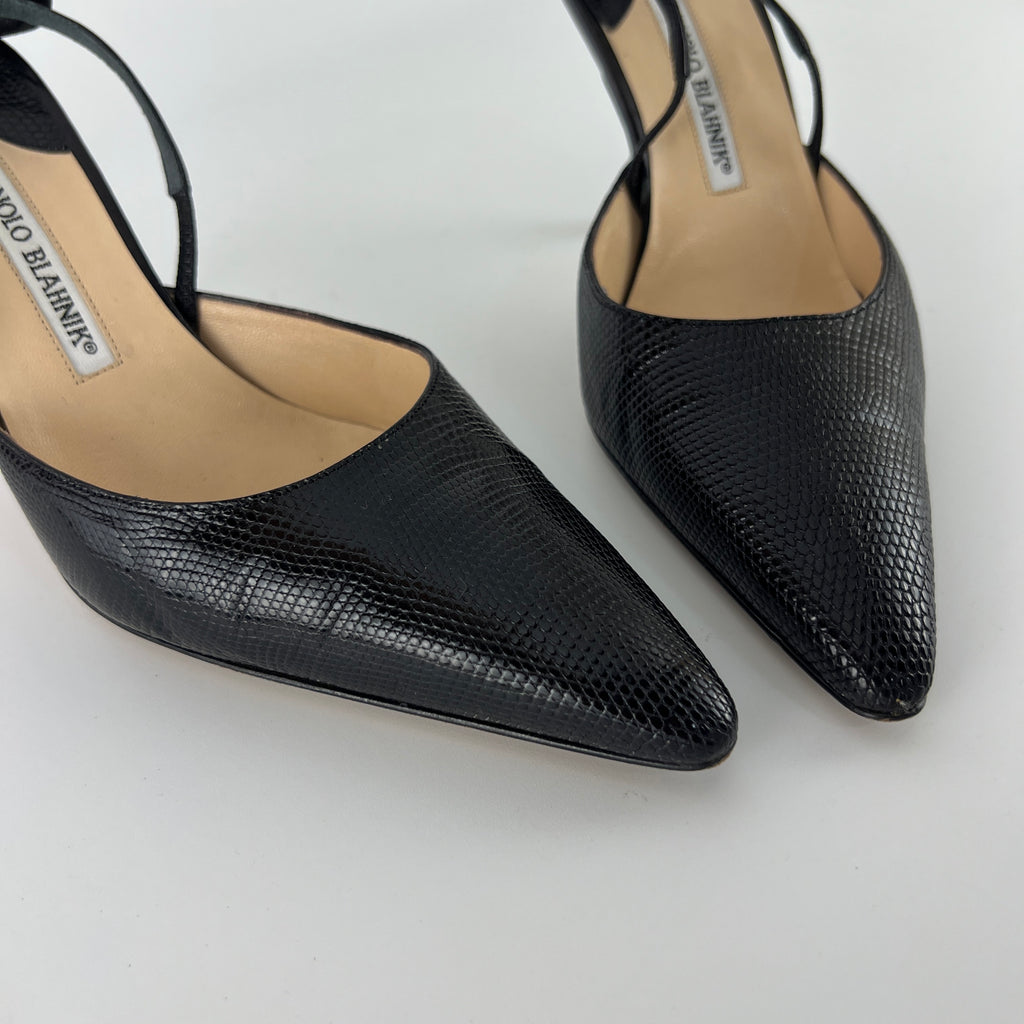 Manolo Blahnik | Vintage Canthimod Black Lizard Leather Pointed Toe Slingback Heels (37.5)