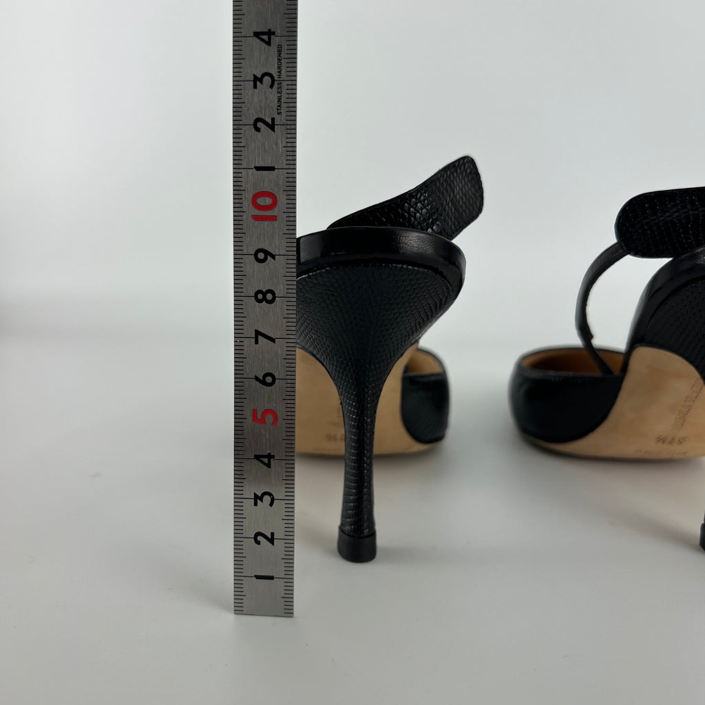 Manolo Blahnik | Vintage Canthimod Black Lizard Leather Pointed Toe Slingback Heels (37.5)