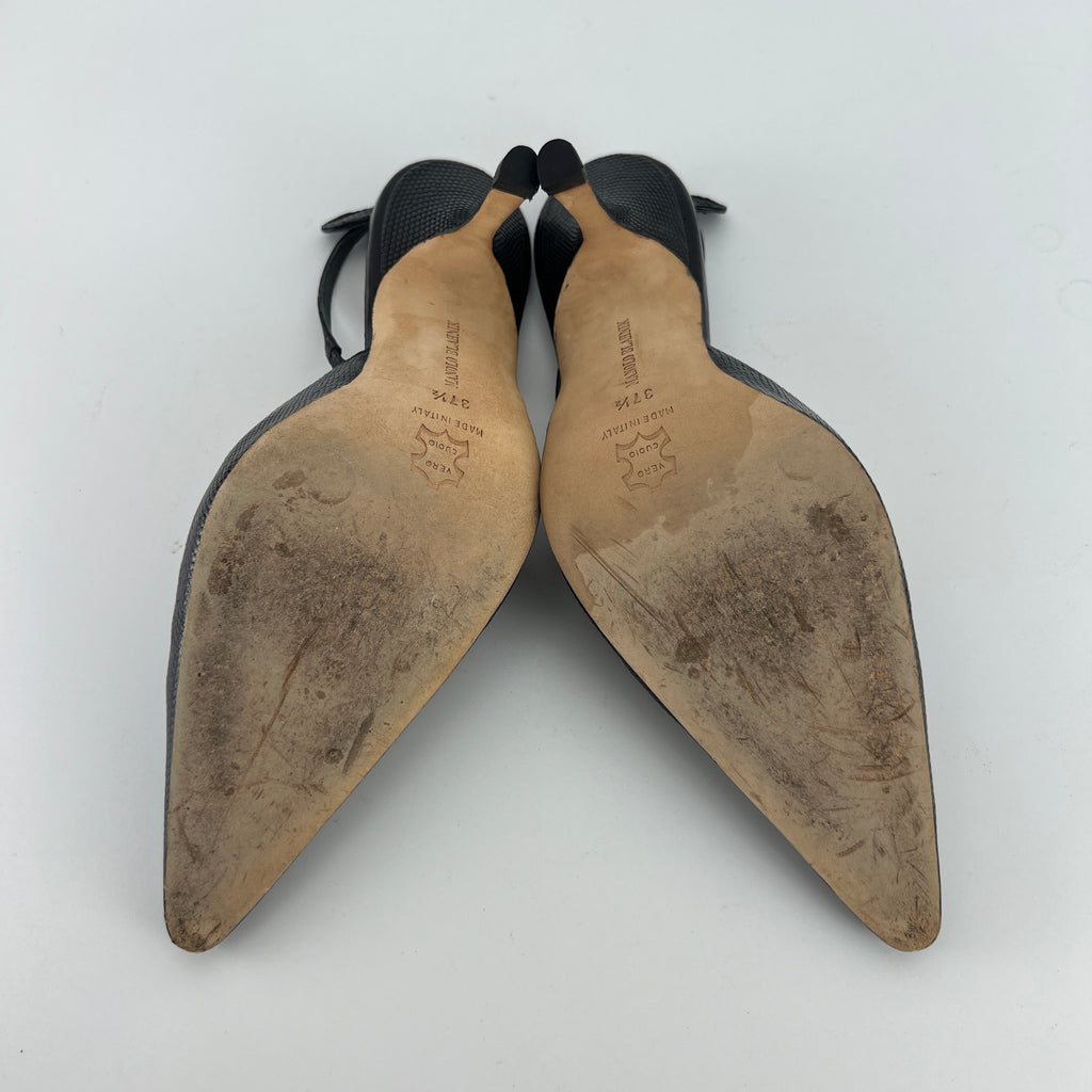 Manolo Blahnik | Vintage Canthimod Black Lizard Leather Pointed Toe Slingback Heels (37.5)