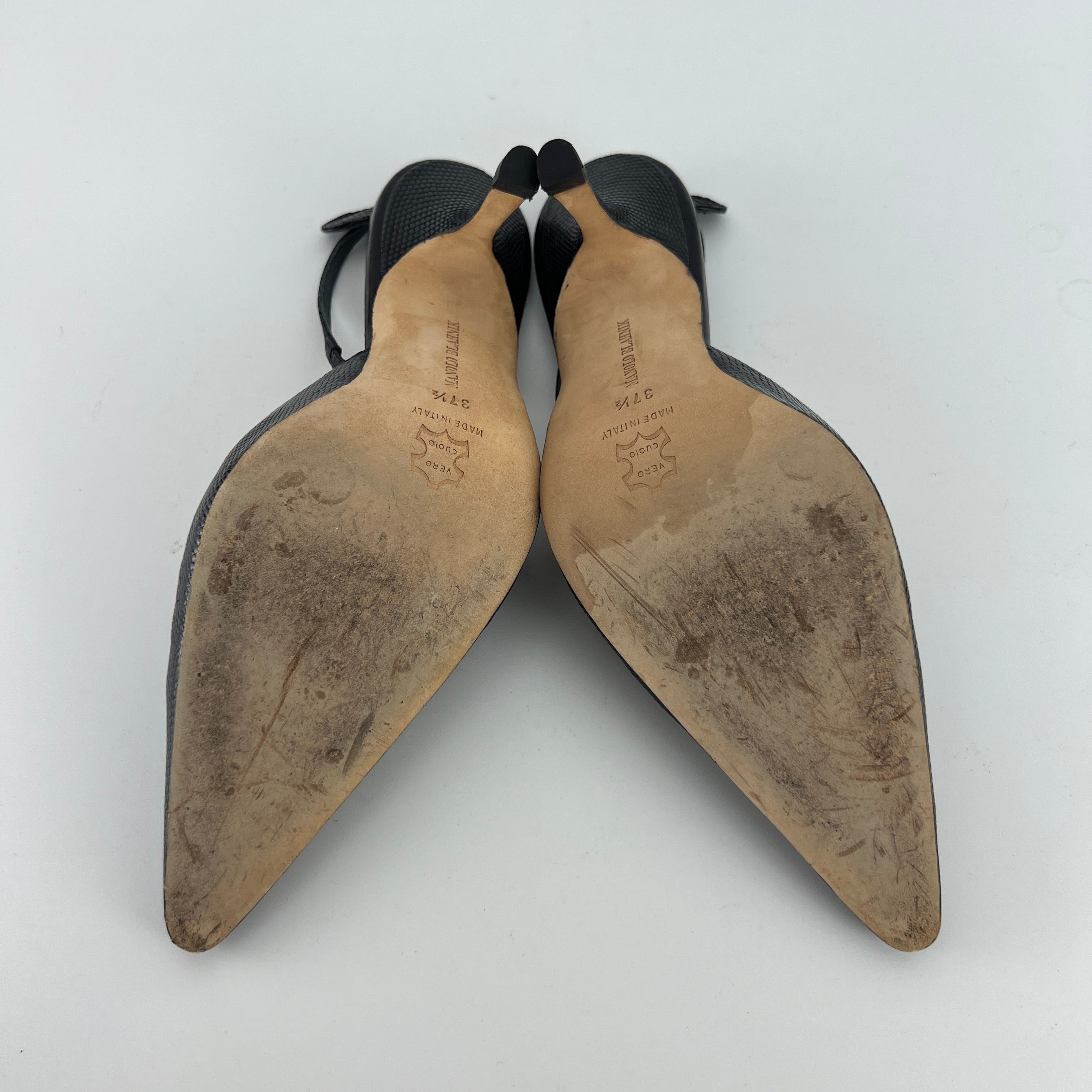 Manolo Blahnik | Vintage Canthimod Black Lizard Leather Pointed Toe Slingback Heels (37.5)