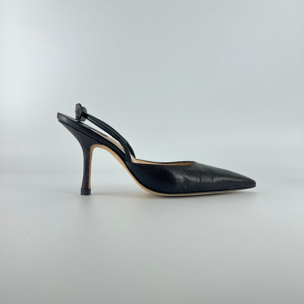 Manolo Blahnik | Vintage Canthimod Black Lizard Leather Pointed Toe Slingback Heels (37.5)
