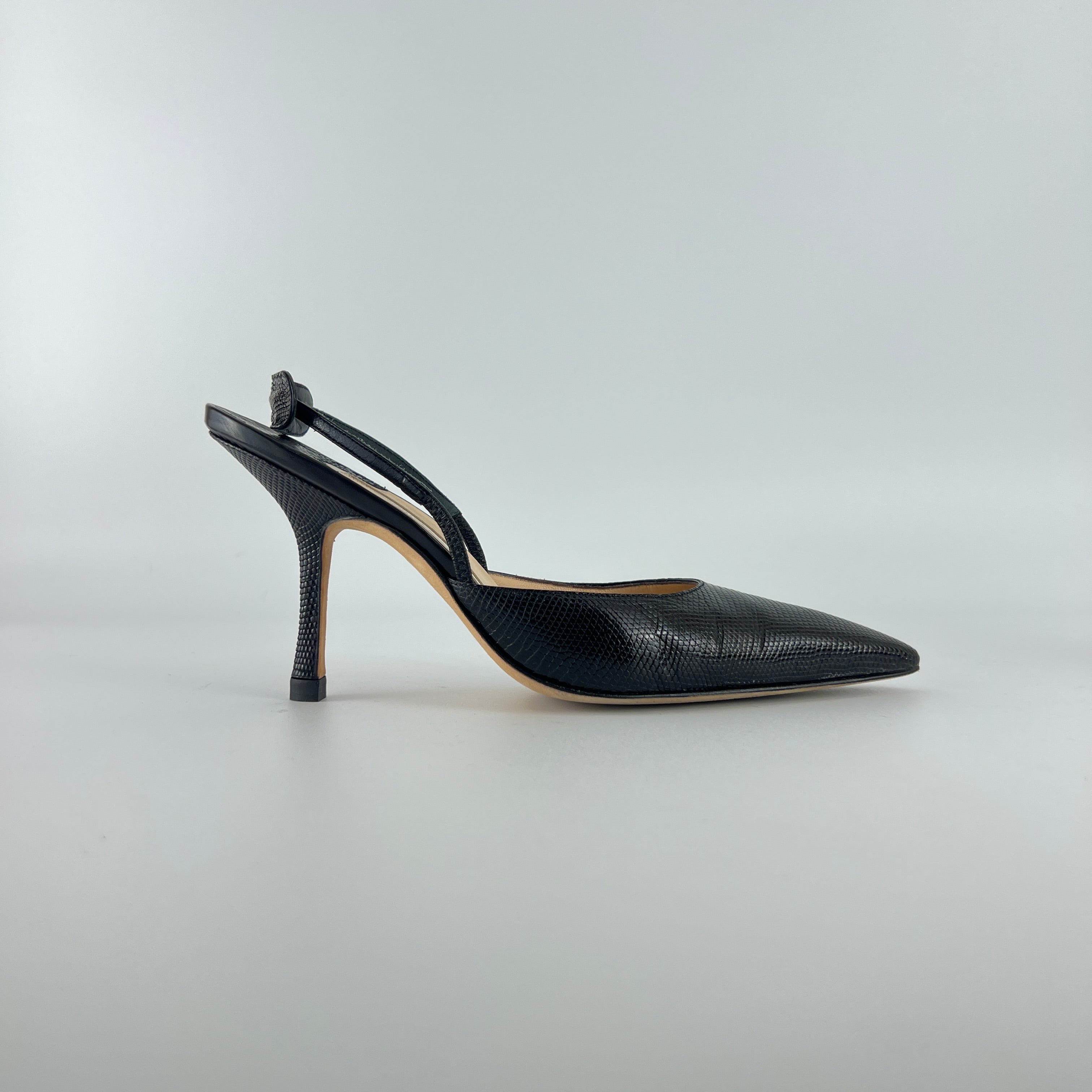 Manolo Blahnik | Vintage Canthimod Black Lizard Leather Pointed Toe Slingback Heels (37.5)
