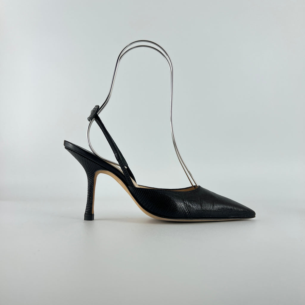 Manolo Blahnik | Vintage Canthimod Black Lizard Leather Pointed Toe Slingback Heels (37.5)