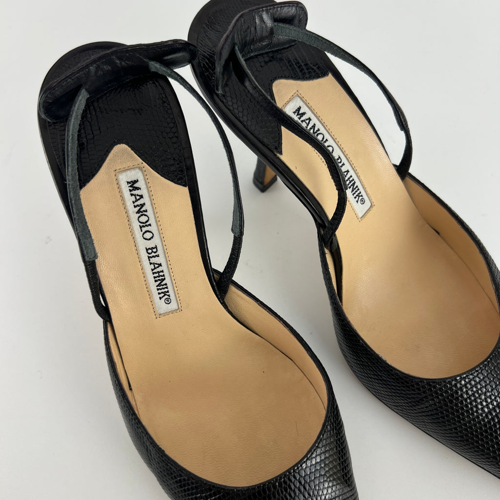 Manolo Blahnik | Vintage Canthimod Black Lizard Leather Pointed Toe Slingback Heels (37.5)