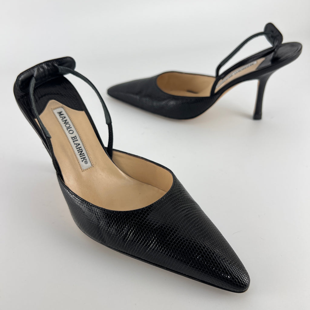 Manolo Blahnik | Vintage Canthimod Black Lizard Leather Pointed Toe Slingback Heels (37.5)