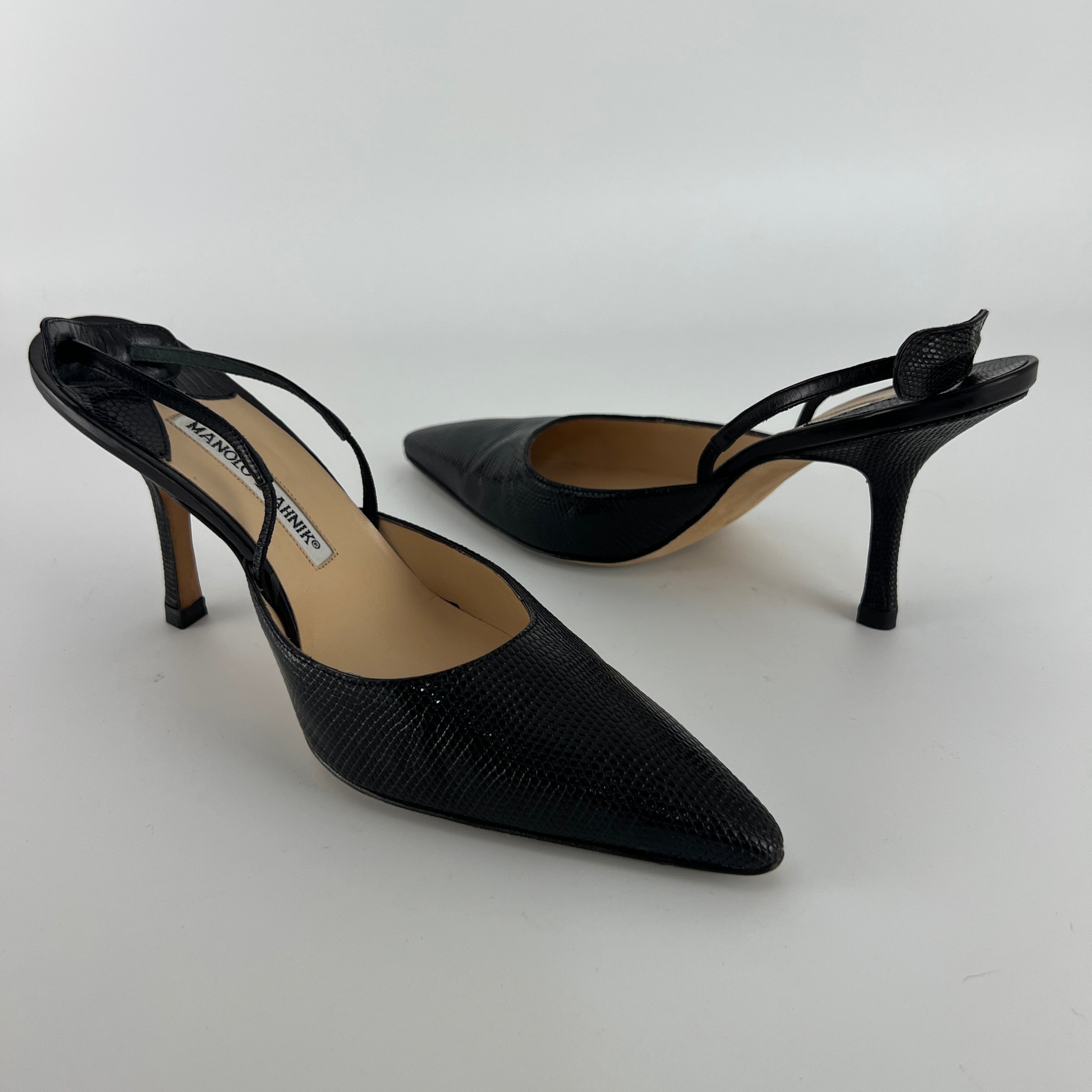 Manolo Blahnik | Vintage Canthimod Black Lizard Leather Pointed Toe Slingback Heels (37.5)