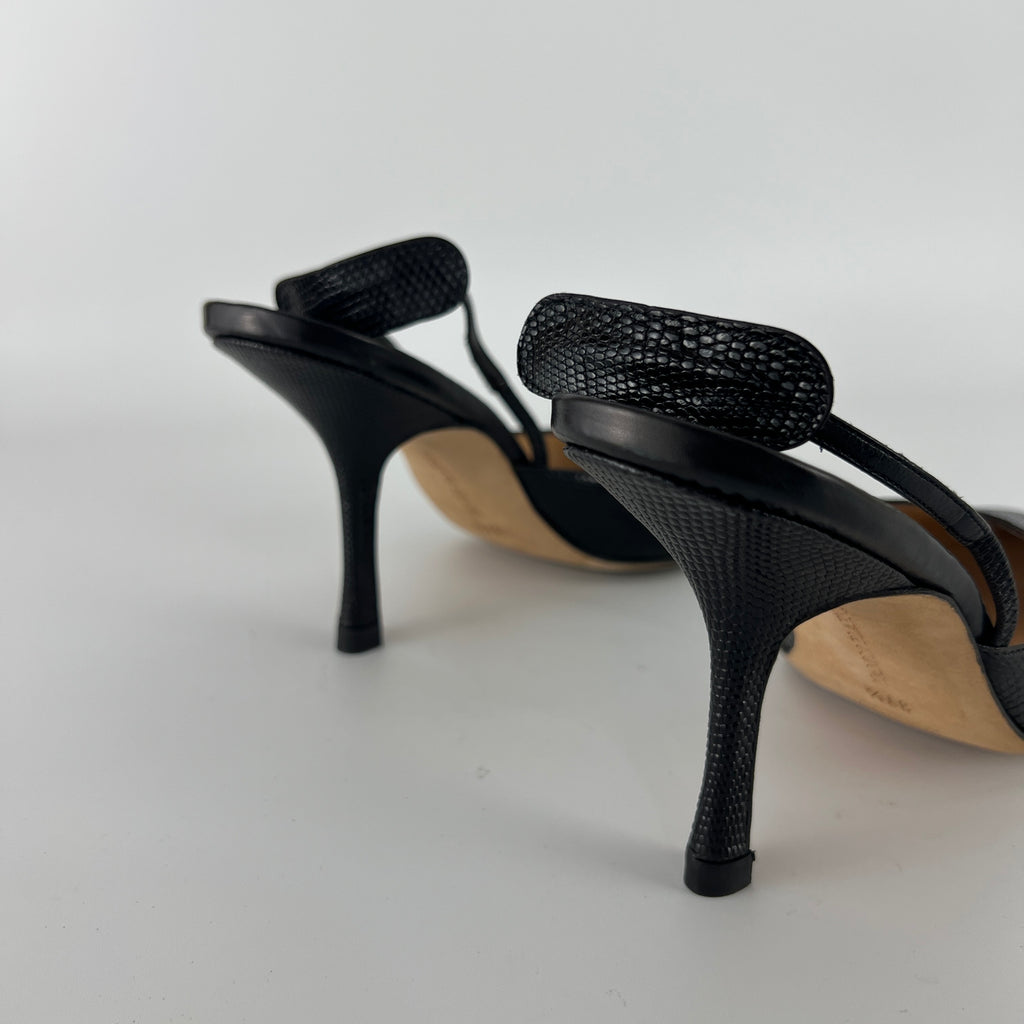 Manolo Blahnik | Vintage Canthimod Black Lizard Leather Pointed Toe Slingback Heels (37.5)