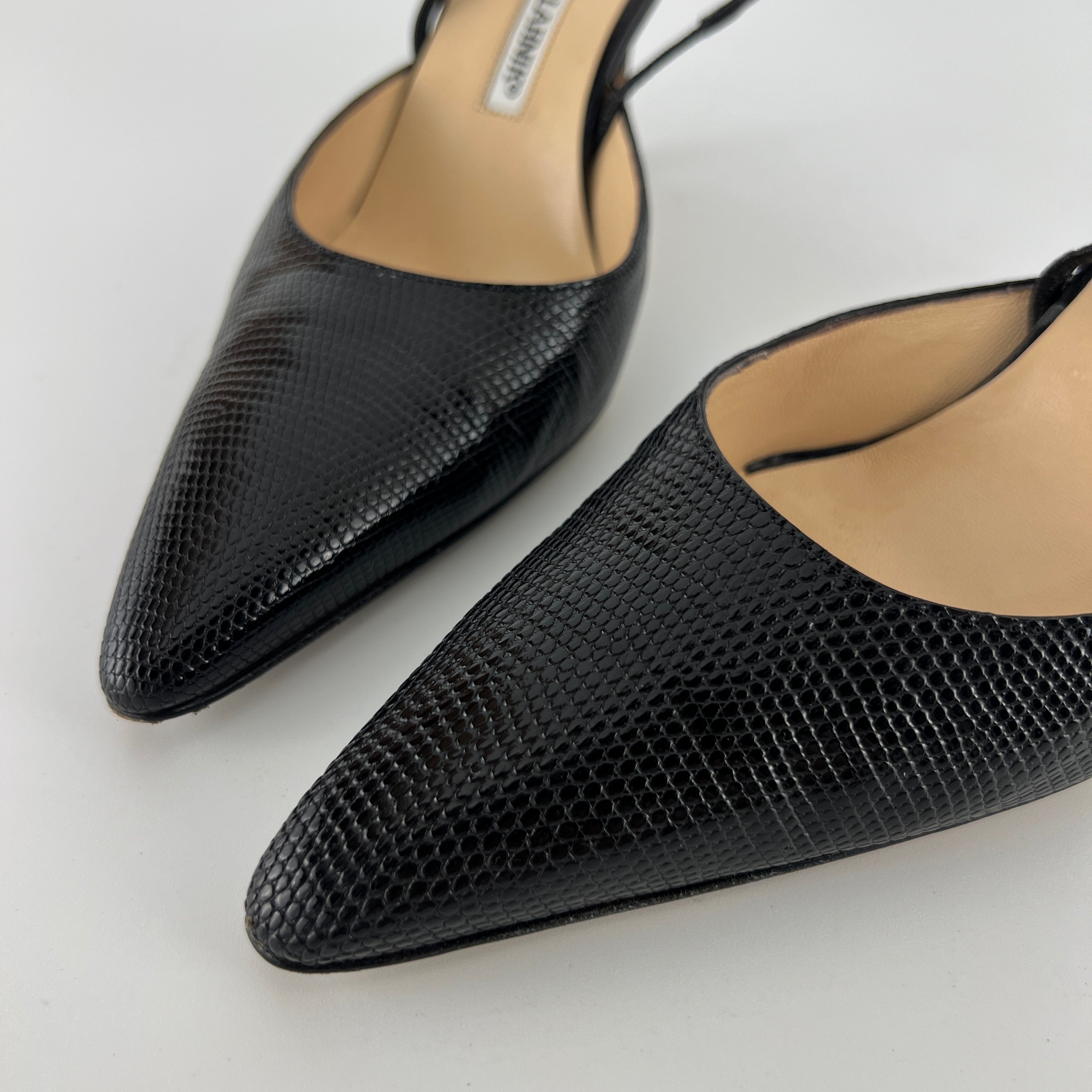 Manolo Blahnik | Vintage Canthimod Black Lizard Leather Pointed Toe Slingback Heels (37.5)