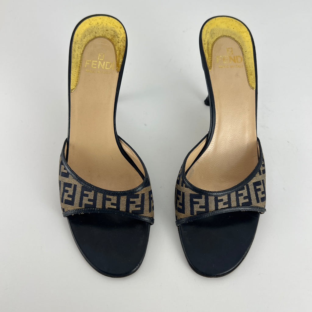 Fendi | Vintage Zucca Beige FF Monogram Dark Navy Leather Slide Mules (36)