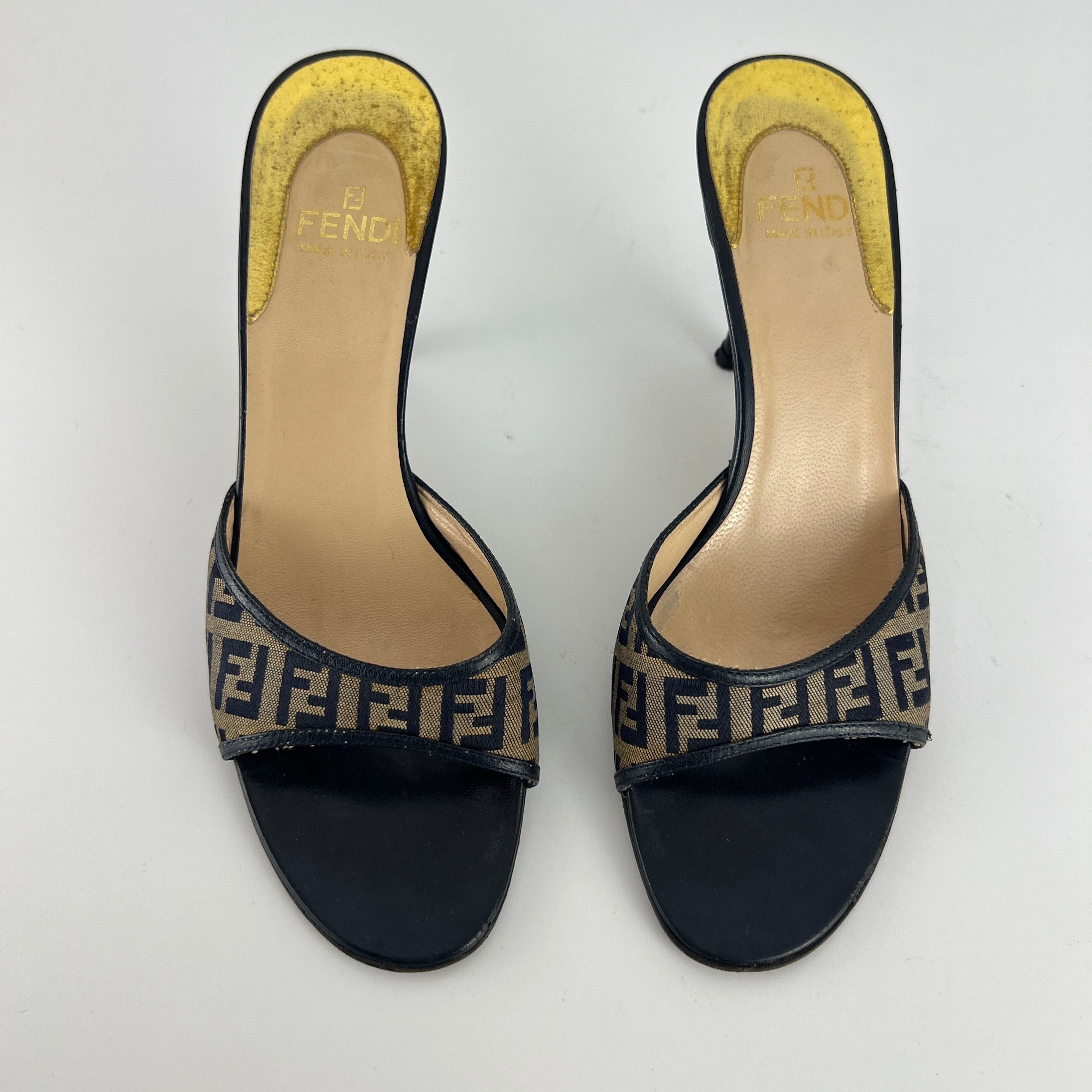 Fendi | Vintage Zucca Beige FF Monogram Dark Navy Leather Slide Mules (36)