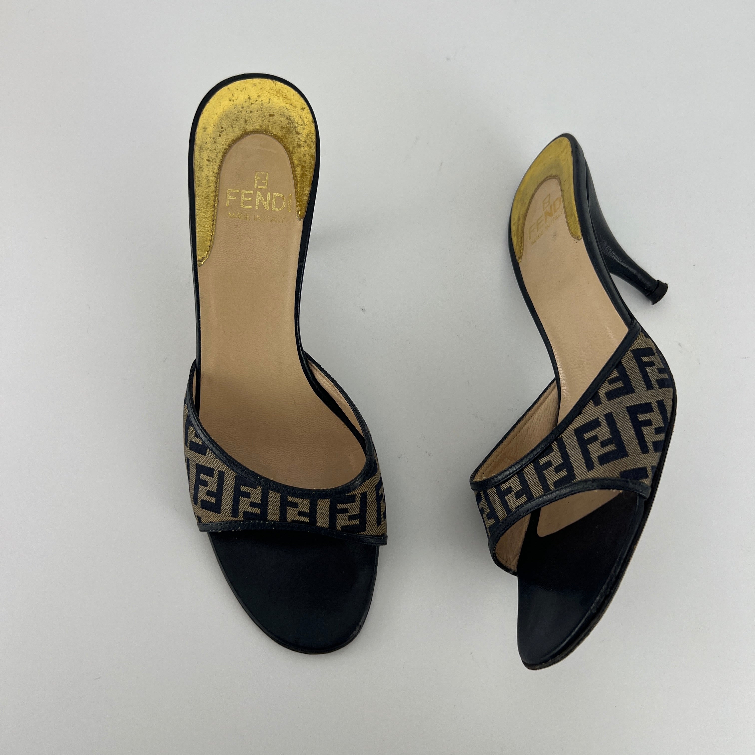 Fendi | Vintage Zucca Beige FF Monogram Dark Navy Leather Slide Mules (36)