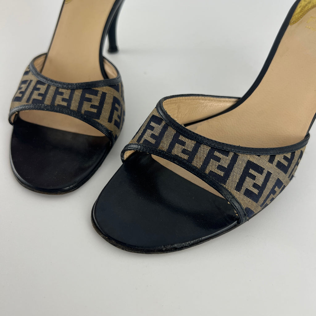 Fendi | Vintage Zucca Beige FF Monogram Dark Navy Leather Slide Mules (36)
