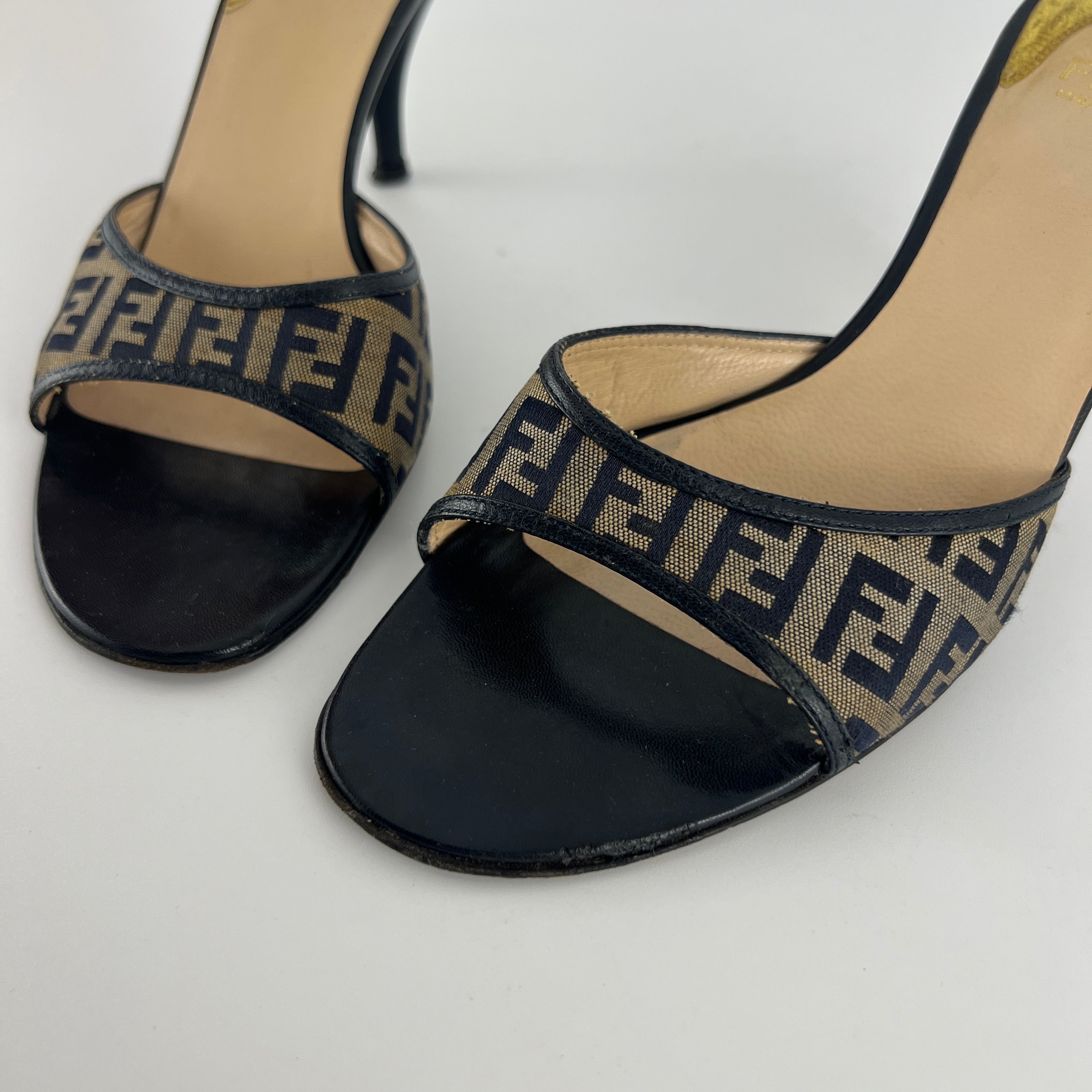Fendi | Vintage Zucca Beige FF Monogram Dark Navy Leather Slide Mules (36)