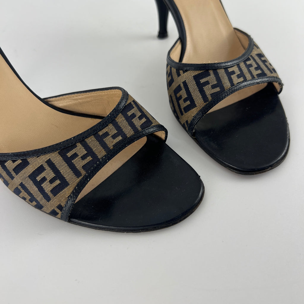 Fendi | Vintage Zucca Beige FF Monogram Dark Navy Leather Slide Mules (36)