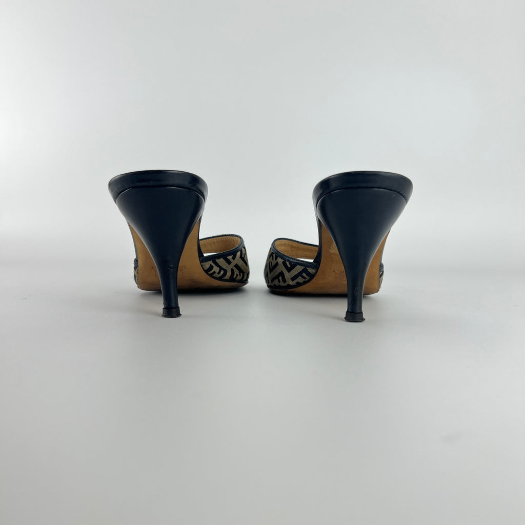 Fendi | Vintage Zucca Beige FF Monogram Dark Navy Leather Slide Mules (36)