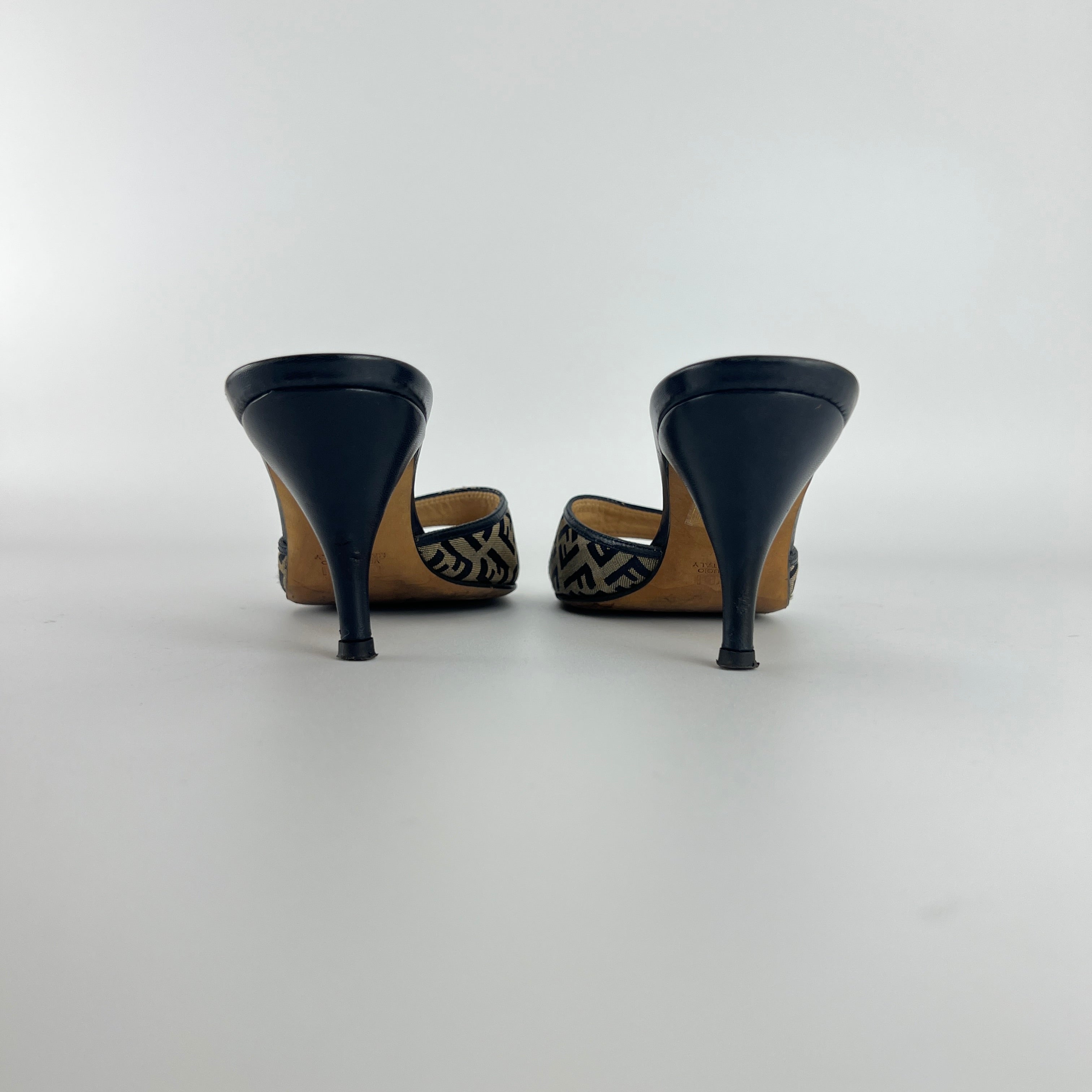 Fendi | Vintage Zucca Beige FF Monogram Dark Navy Leather Slide Mules (36)