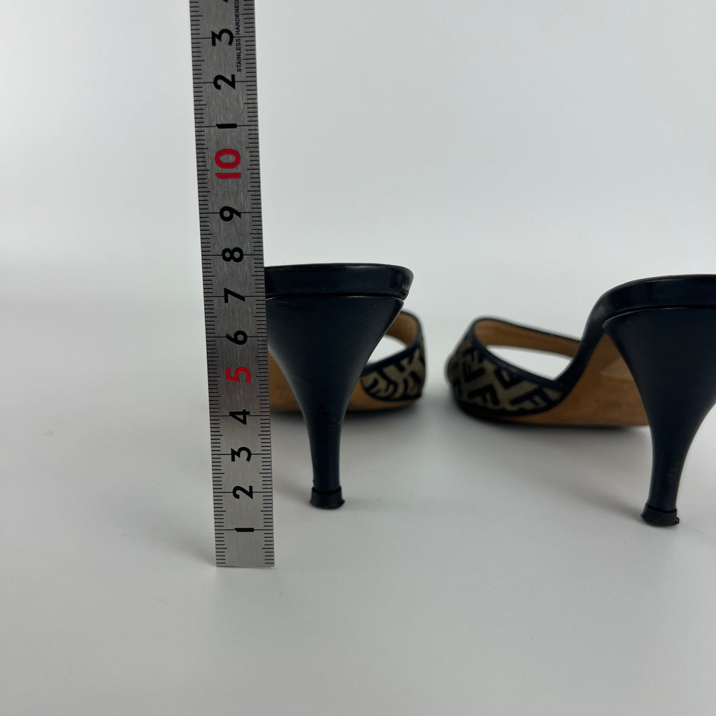 Fendi | Vintage Zucca Beige FF Monogram Dark Navy Leather Slide Mules (36)