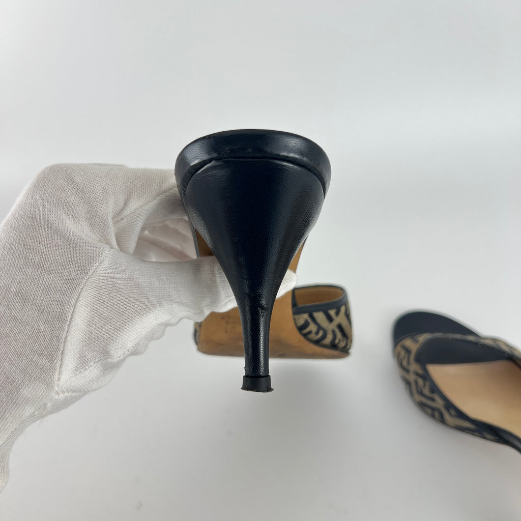 Fendi | Vintage Zucca Beige FF Monogram Dark Navy Leather Slide Mules (36)