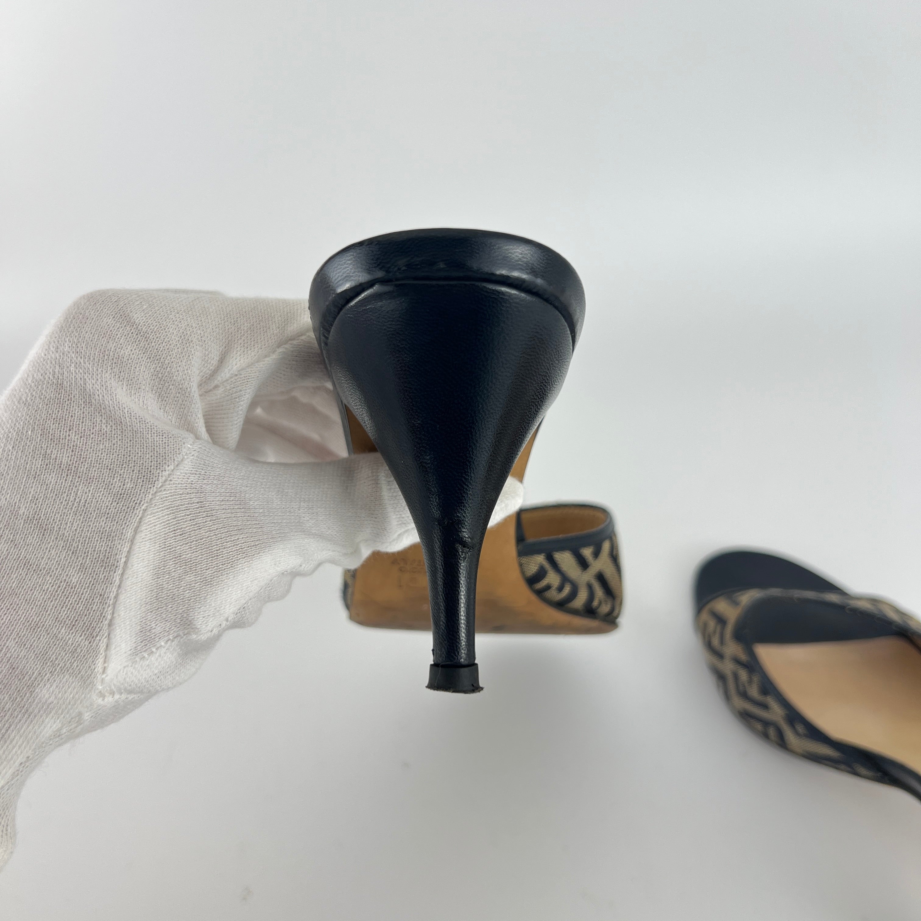 Fendi | Vintage Zucca Beige FF Monogram Dark Navy Leather Slide Mules (36)