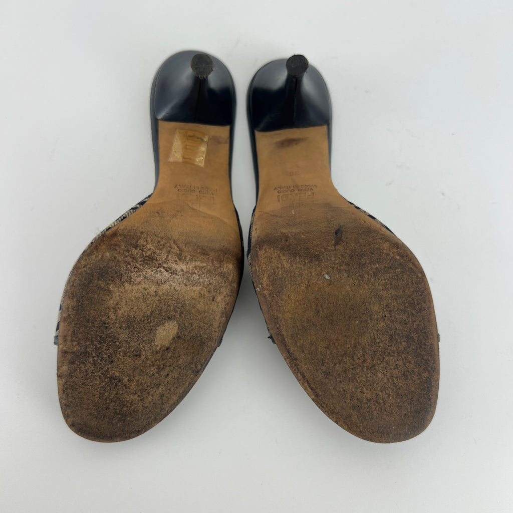 Fendi | Vintage Zucca Beige FF Monogram Dark Navy Leather Slide Mules (36)