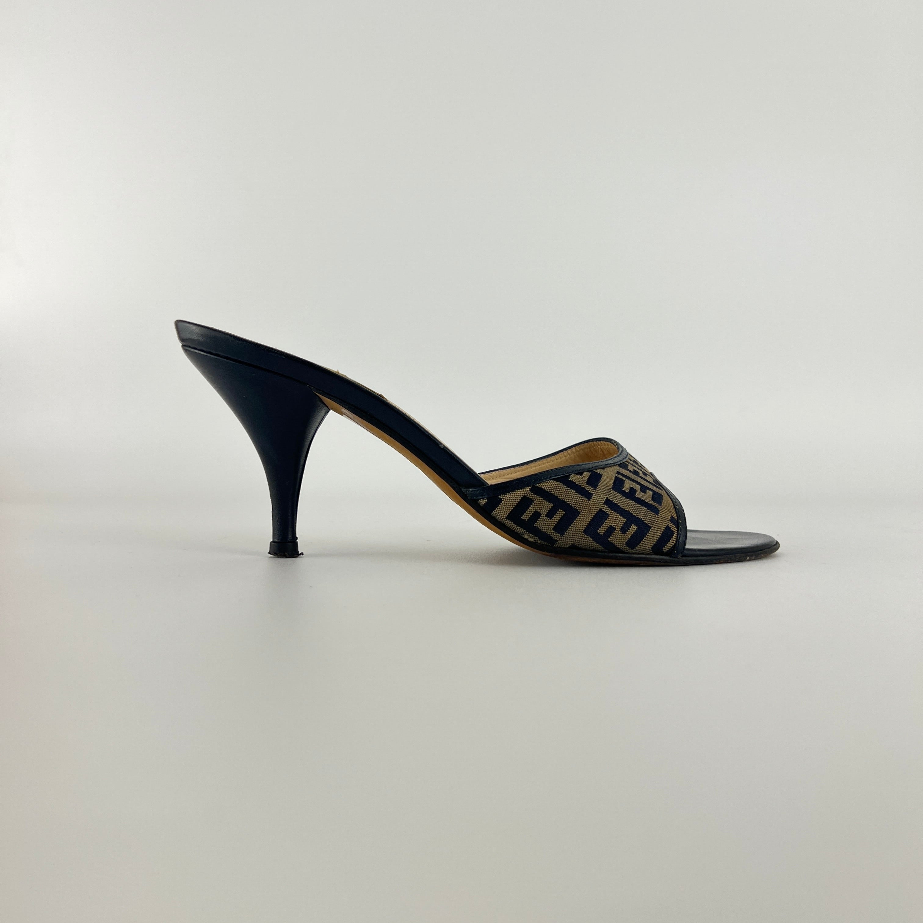 Fendi | Vintage Zucca Beige FF Monogram Dark Navy Leather Slide Mules (36)
