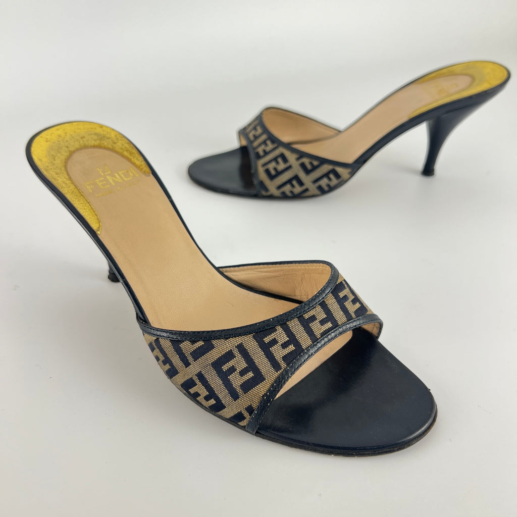Fendi | Vintage Zucca Beige FF Monogram Dark Navy Leather Slide Mules (36)