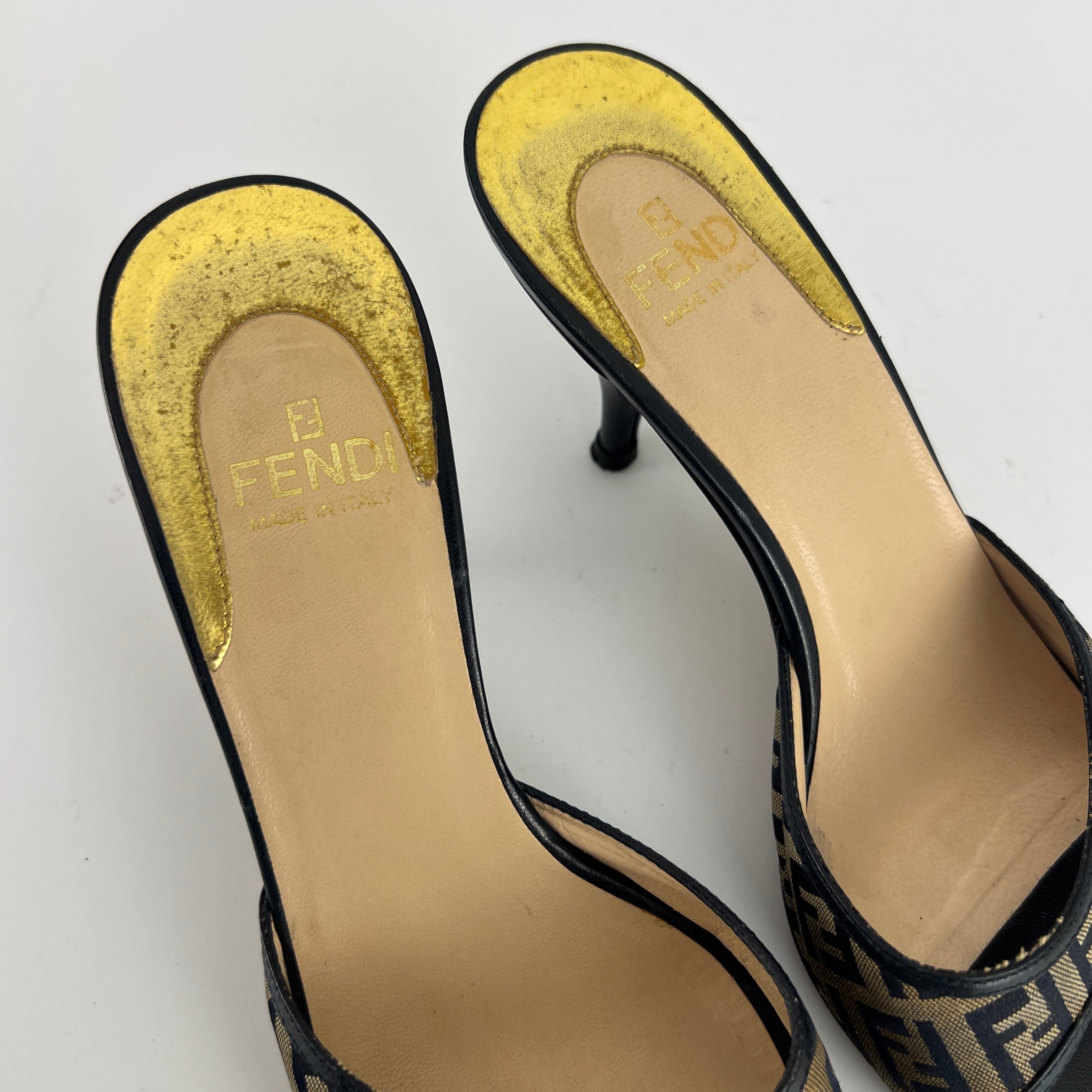 Fendi | Vintage Zucca Beige FF Monogram Dark Navy Leather Slide Mules (36)