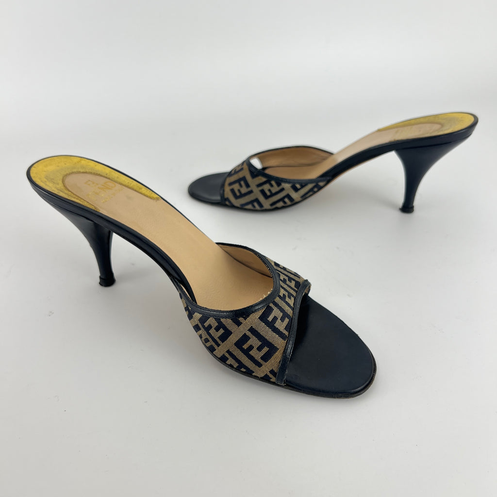 Fendi | Vintage Zucca Beige FF Monogram Dark Navy Leather Slide Mules (36)