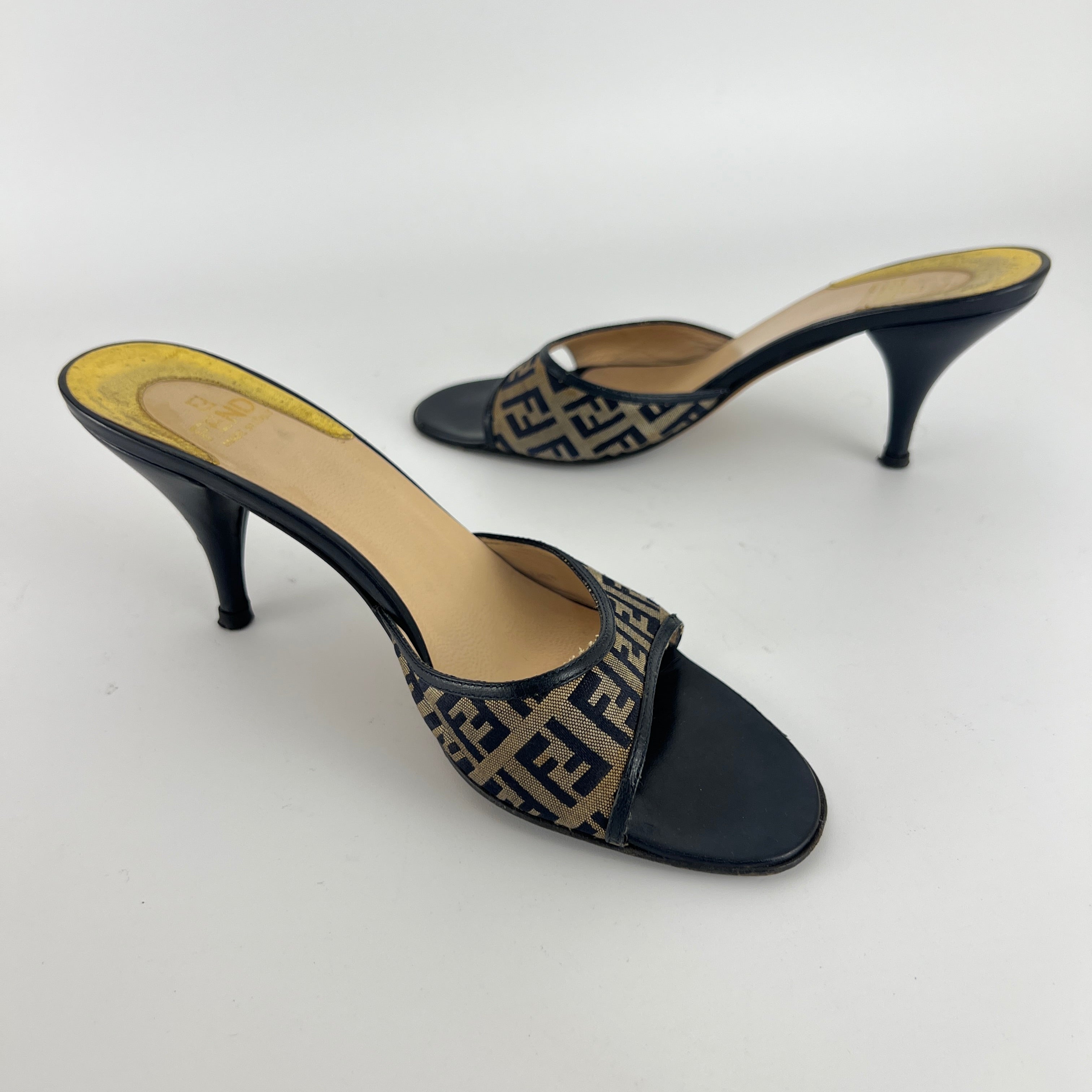 Fendi | Vintage Zucca Beige FF Monogram Dark Navy Leather Slide Mules (36)