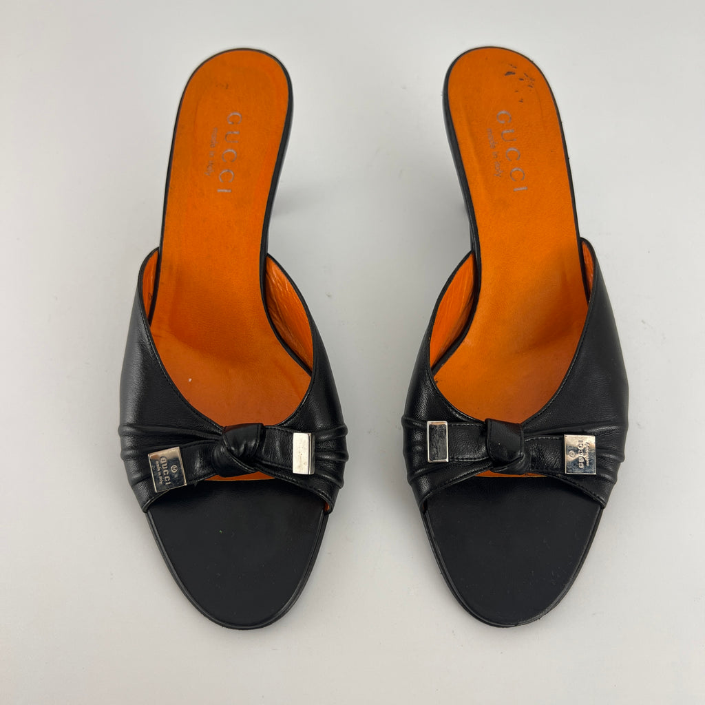 Gucci | Tom Ford Era Vintage Black Leather Ribbon Bow Slide Mules (37.5)