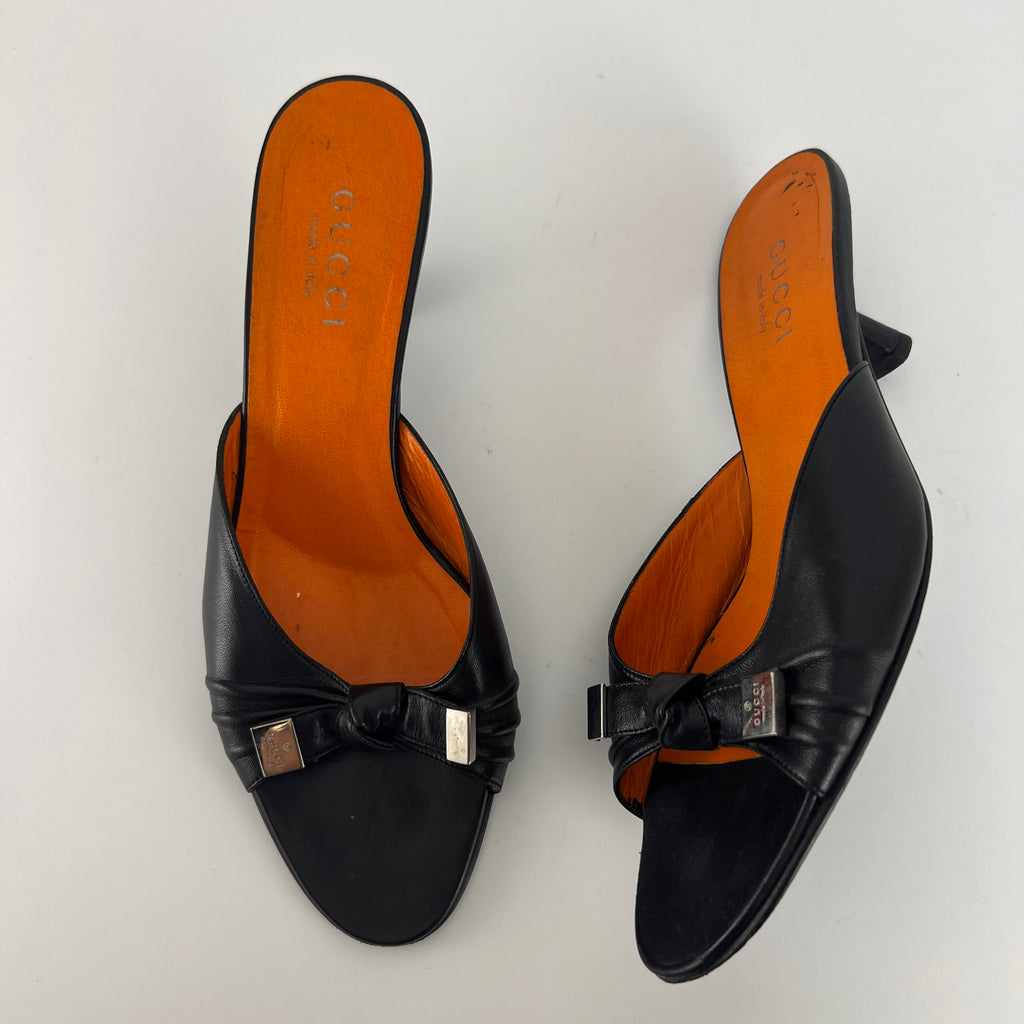 Gucci | Tom Ford Era Vintage Black Leather Ribbon Bow Slide Mules (37.5)