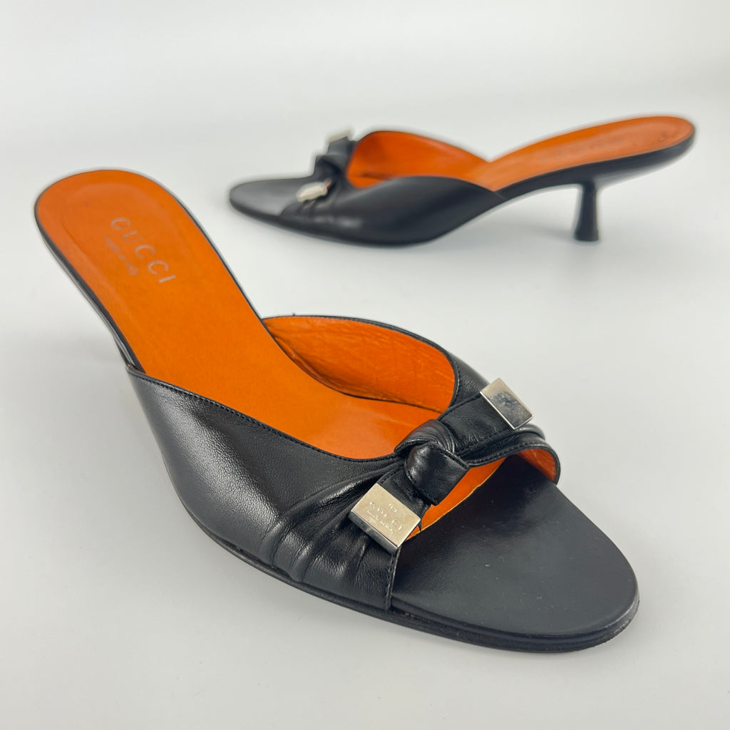 Gucci | Tom Ford Era Vintage Black Leather Ribbon Bow Slide Mules (37.5)