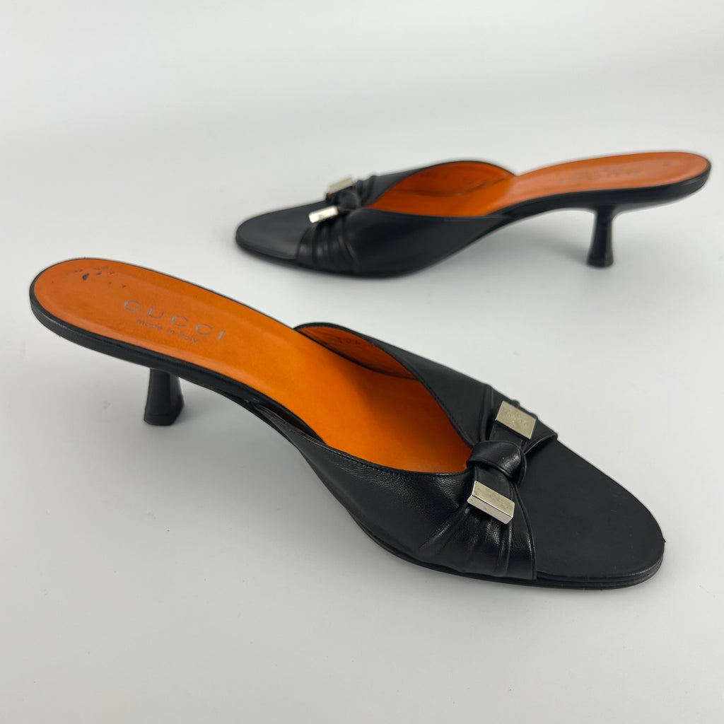Gucci | Tom Ford Era Vintage Black Leather Ribbon Bow Slide Mules (37.5)