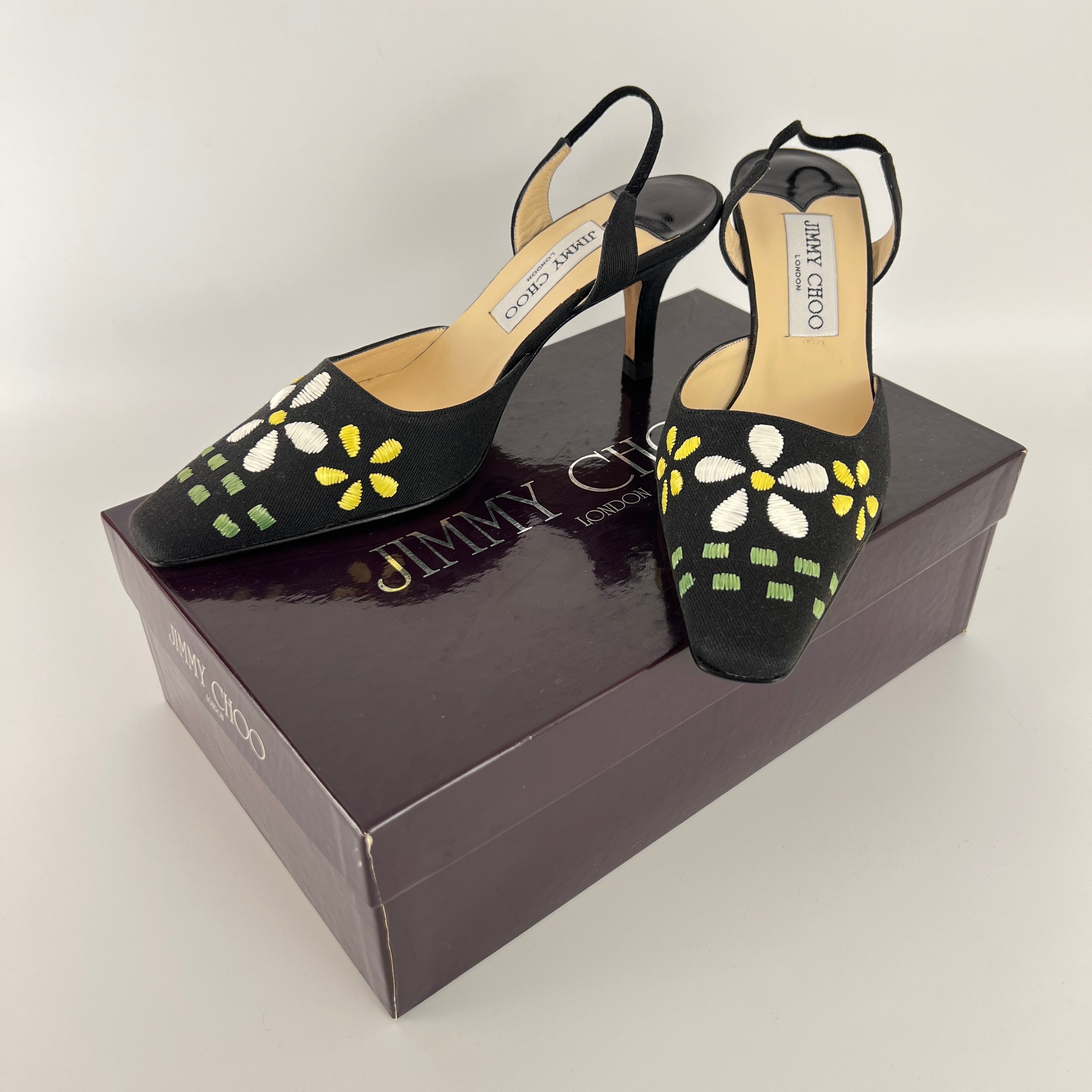 Jimmy Choo | Jessica Black Linen Floral Embroidery Pointed Toe Slingback Heels (35)