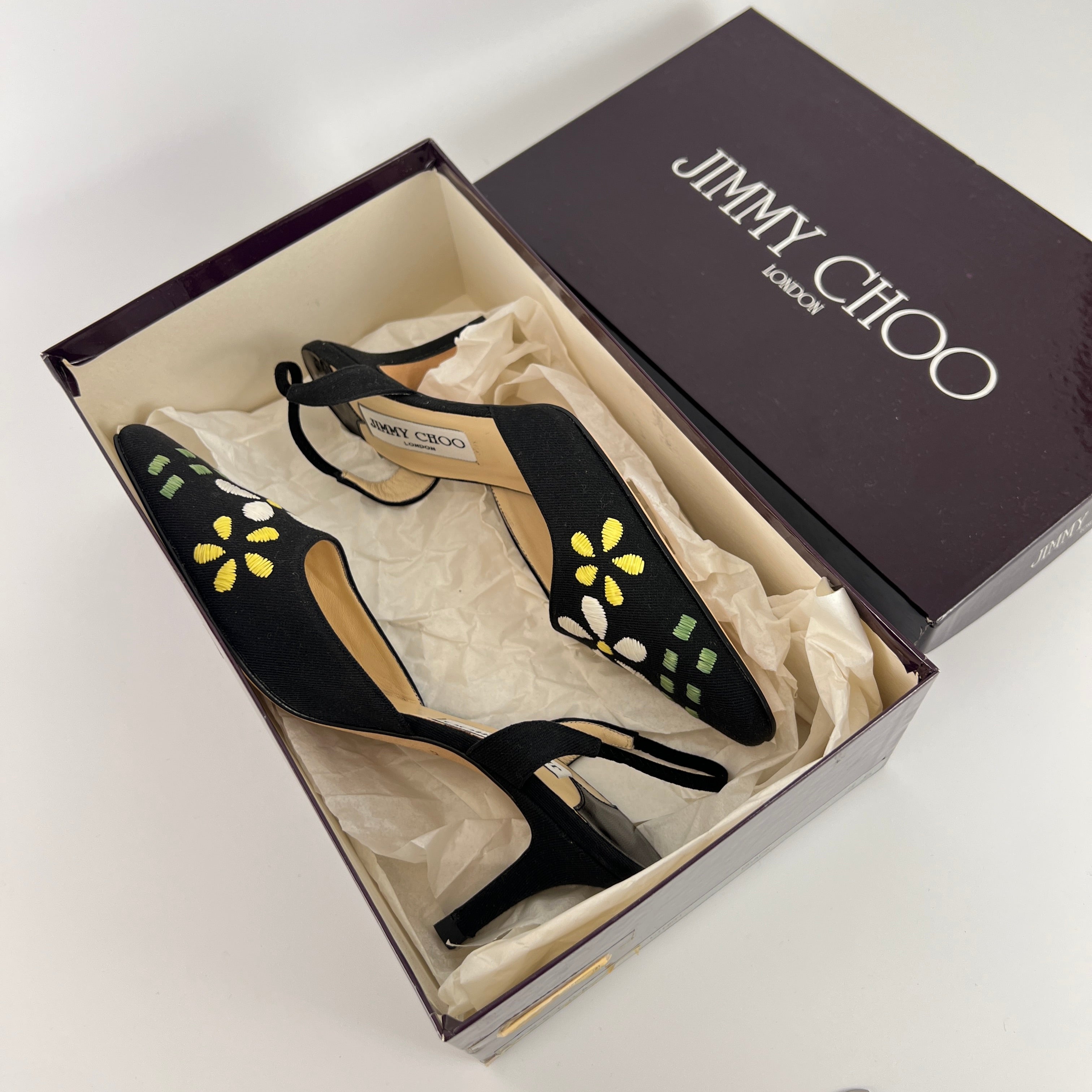 Jimmy Choo | Jessica Black Linen Floral Embroidery Pointed Toe Slingback Heels (35)