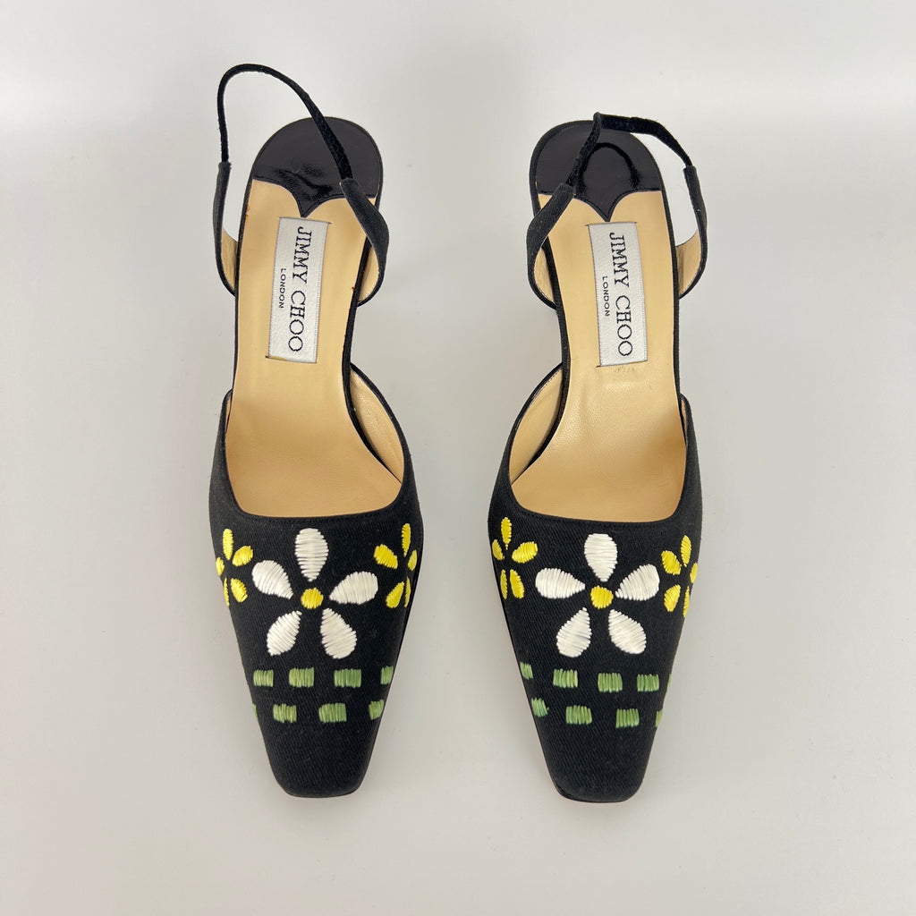 Jimmy Choo | Jessica Black Linen Floral Embroidery Pointed Toe Slingback Heels (35)