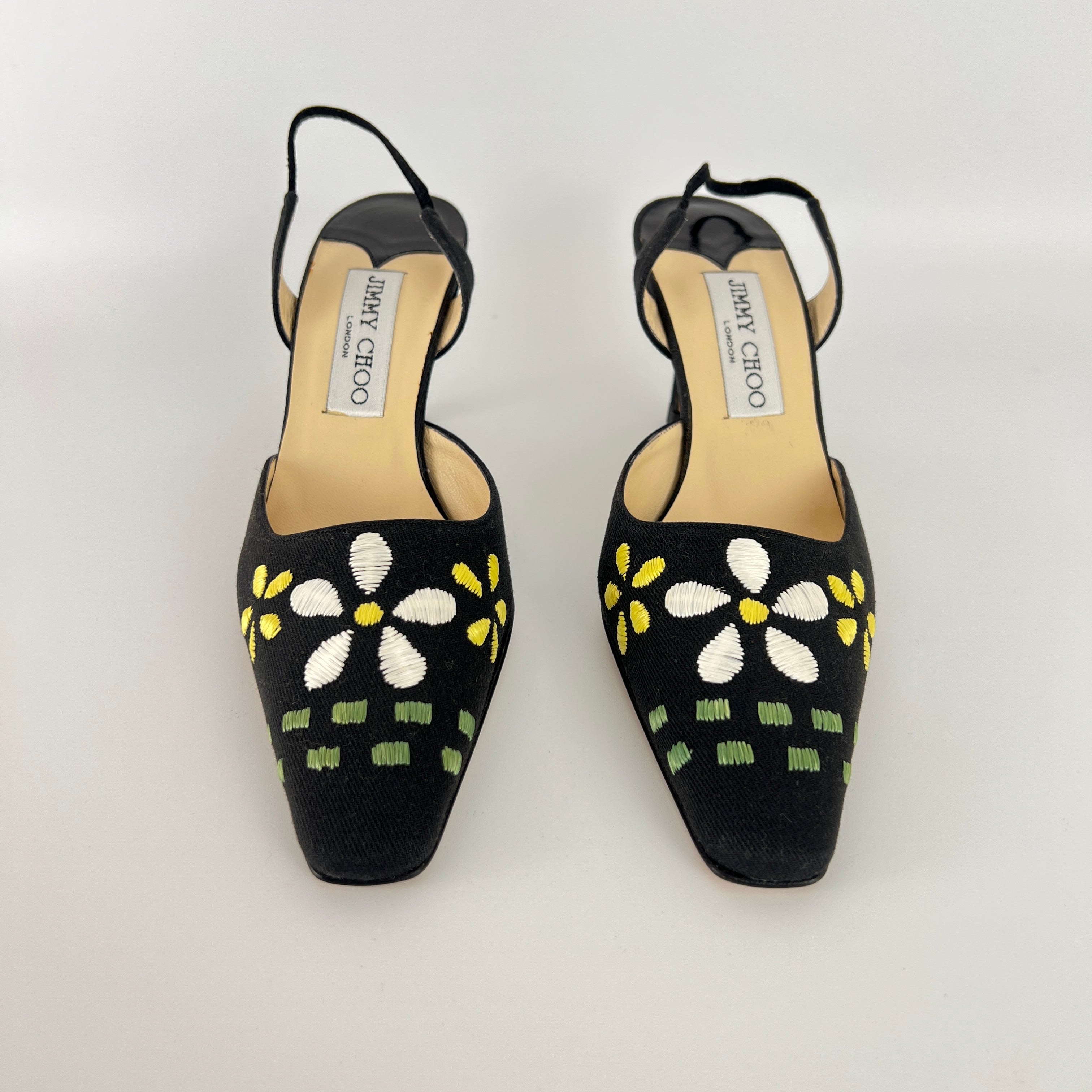Jimmy Choo | Jessica Black Linen Floral Embroidery Pointed Toe Slingback Heels (35)