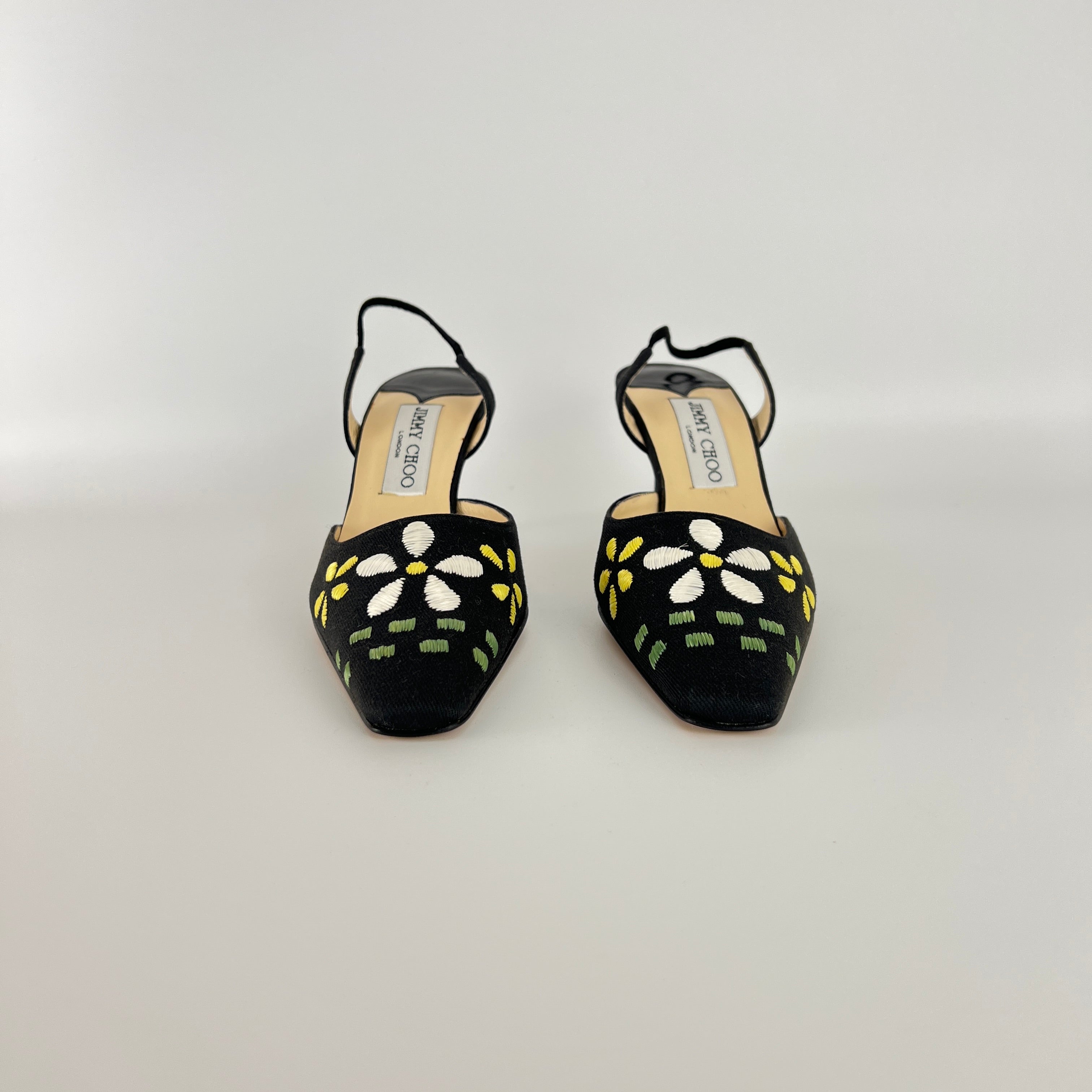 Jimmy Choo | Jessica Black Linen Floral Embroidery Pointed Toe Slingback Heels (35)
