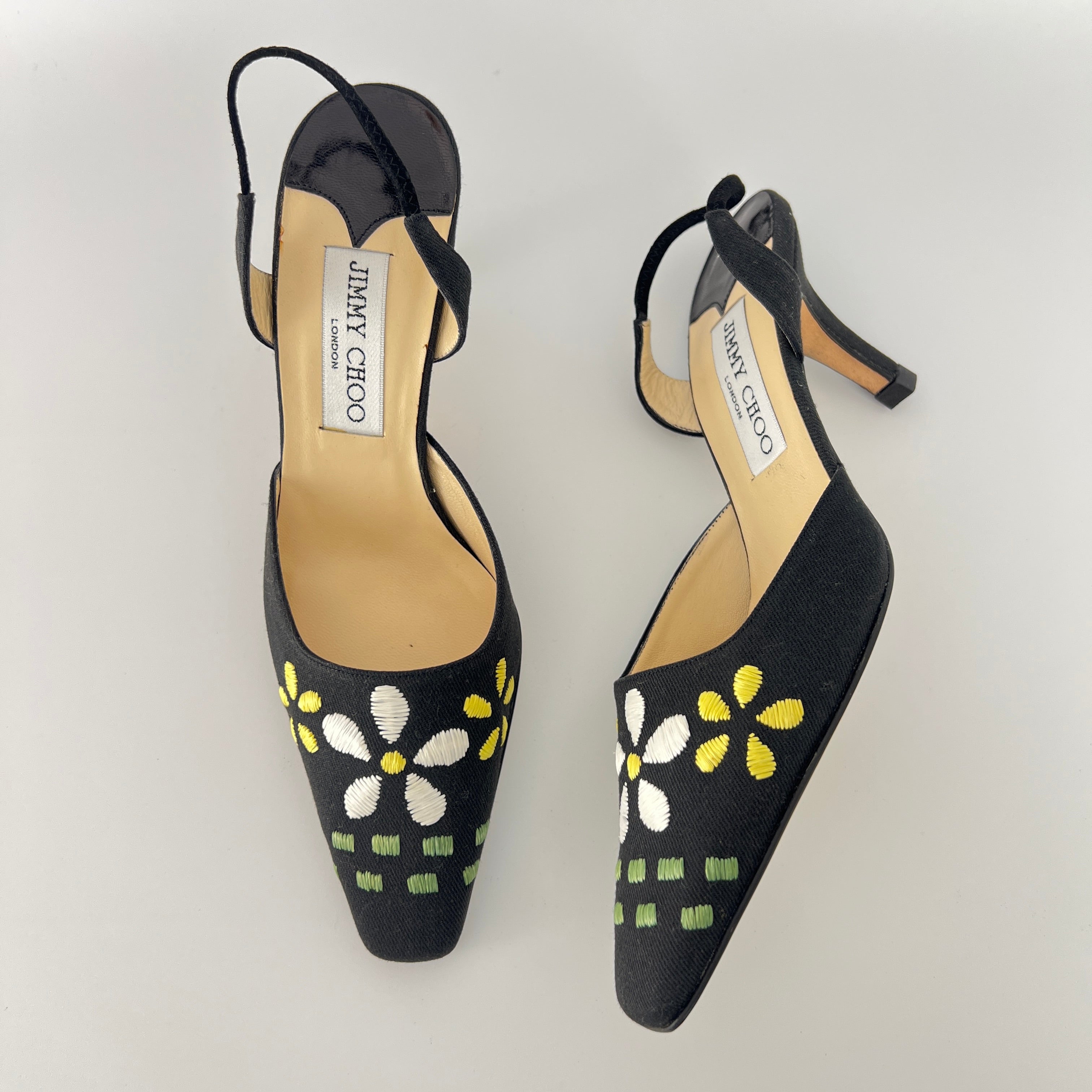 Jimmy Choo | Jessica Black Linen Floral Embroidery Pointed Toe Slingback Heels (35)