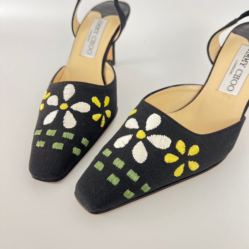 Jimmy Choo | Jessica Black Linen Floral Embroidery Pointed Toe Slingback Heels (35)
