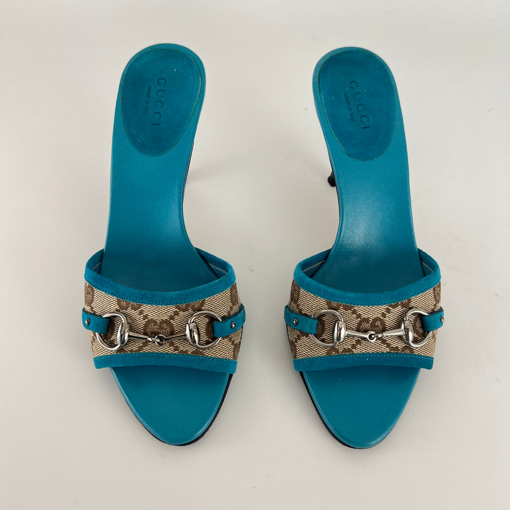 Gucci | Tom Ford Era Horse Bit Teal Blue Monogram GG Canvas Mules Rare (34)
