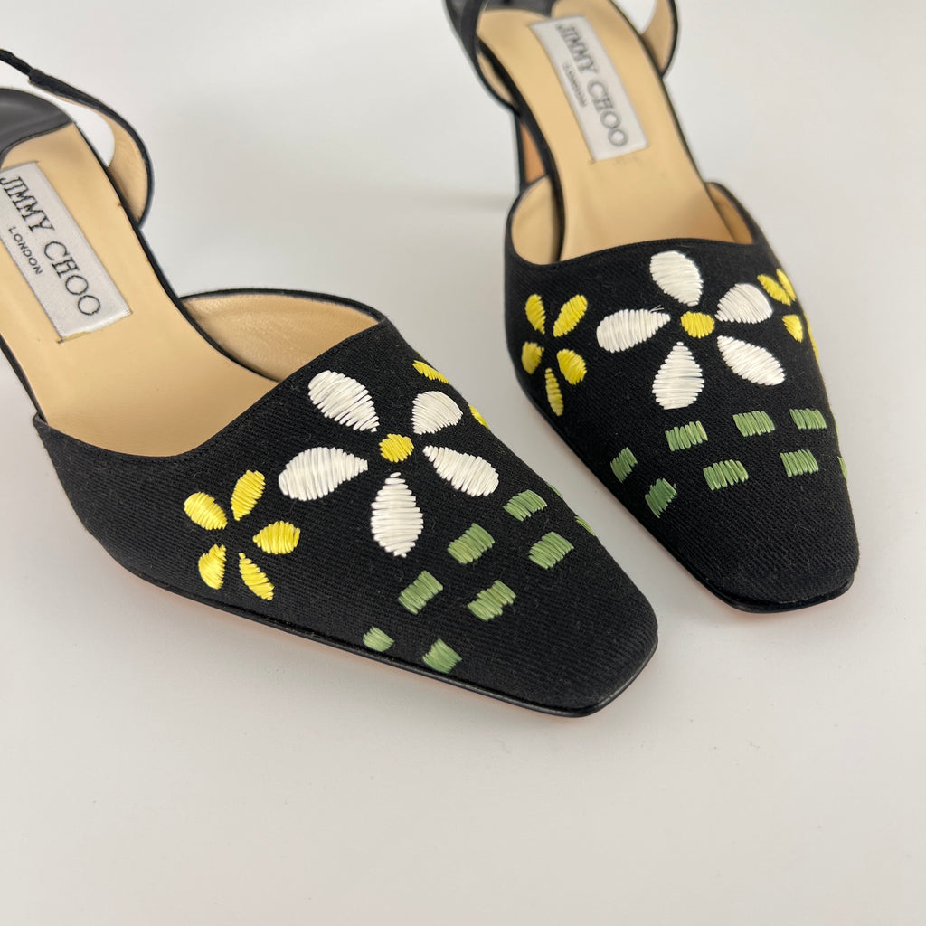 Jimmy Choo | Jessica Black Linen Floral Embroidery Pointed Toe Slingback Heels (35)